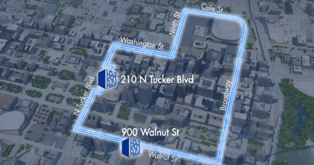 Image created by Digital Realty before the sale of St Louis's two carrier hotels (to Netrality) which are in close proximity to each other.