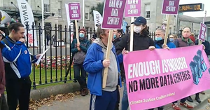 Climate protestors gather outside Data Centres Ireland event in Dublin