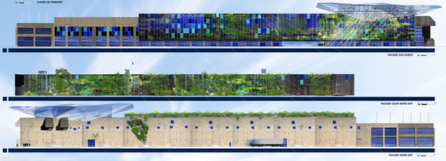 The MRS 3 design vision: southwest facade (top), inner courtyard wall with a vertical garden (middle), northeast facade