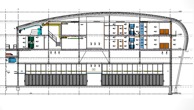 The data center is built to make use of outside-air cooling. The whole building is shaped somewhat like airplane wings, with an aerodynamic profile that uses the prevailing wind to direct air throu...